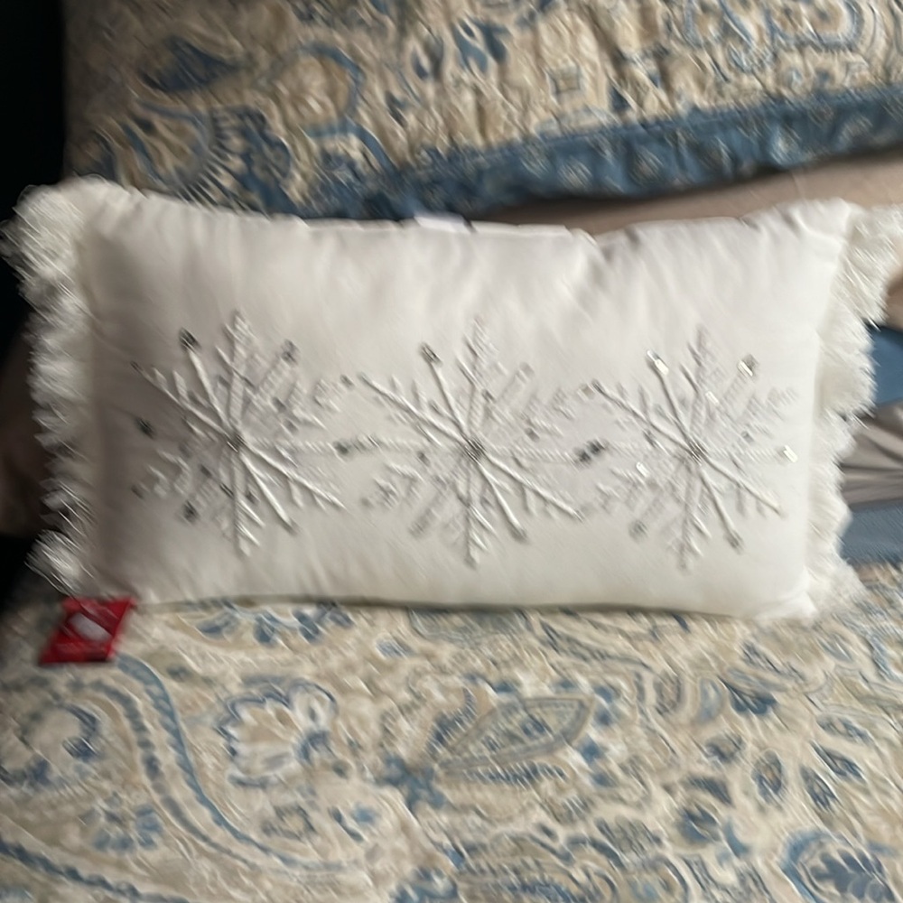 Elegant Snowflake Embroidered Pillow - White and Silver